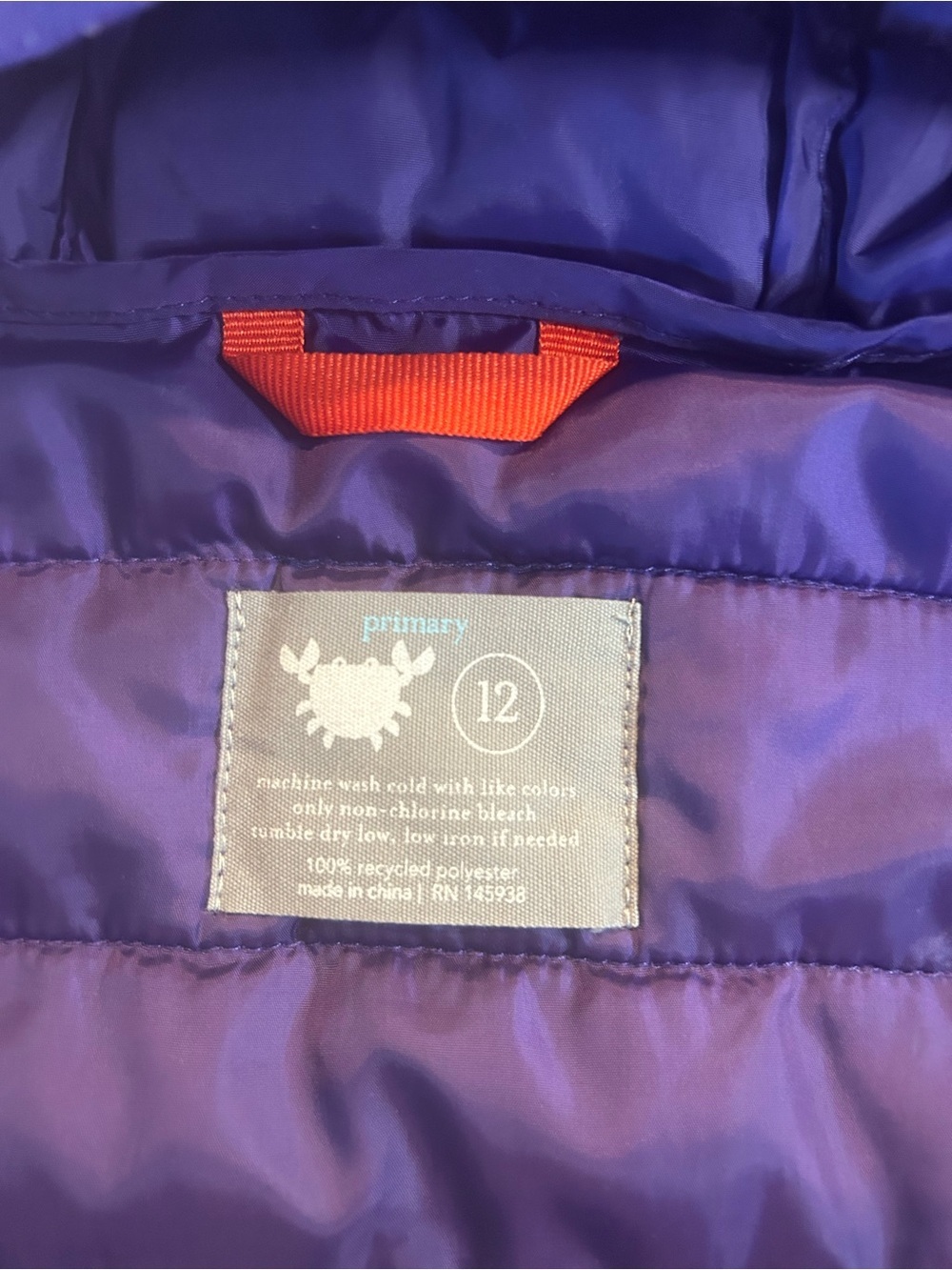 Primary Kids Puffer Jacket Size 12 Purple Hooded - Picture 2 of 9